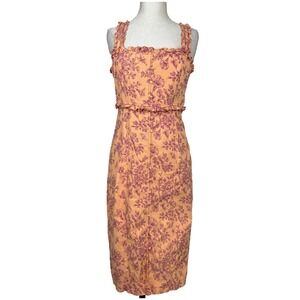 Anthropologie Dress Womens Large Orange Floral‎ Ruffle Smocked Square Neck Midi